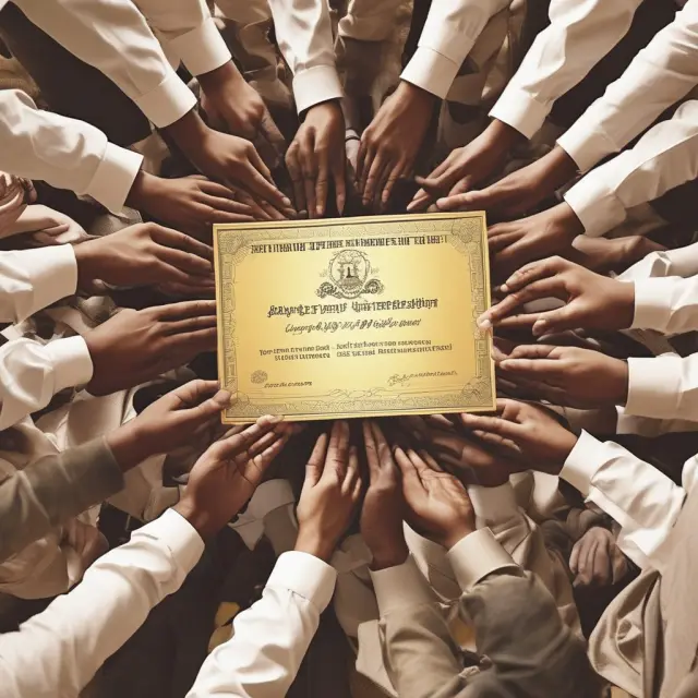 Golden certificate being exchanged between traders in a busy marketplace. Demonstrates the importance of FTA COs for international trade.