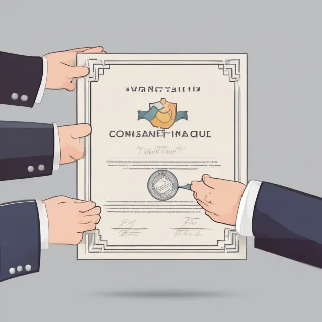 Handshake between two figures exchanging a certificate of insurance, representing business agreements and risk mitigation
