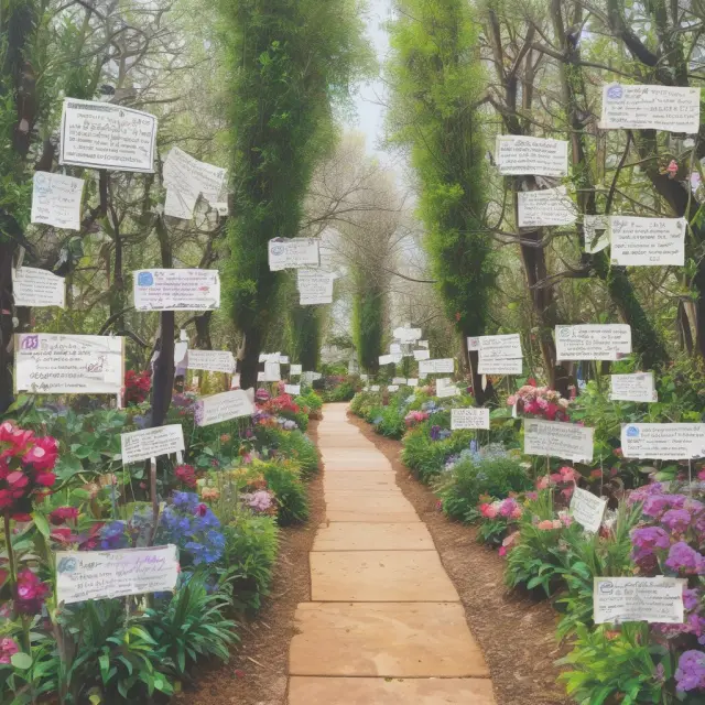A vibrant garden filled with certificate of insurance flowers representing various businesses, contractors, and clients connected through their shared need for proof of coverage