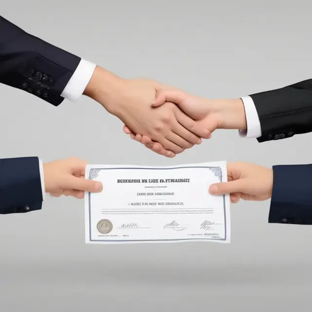 Two business partners shaking hands while exchanging certificates of insurance