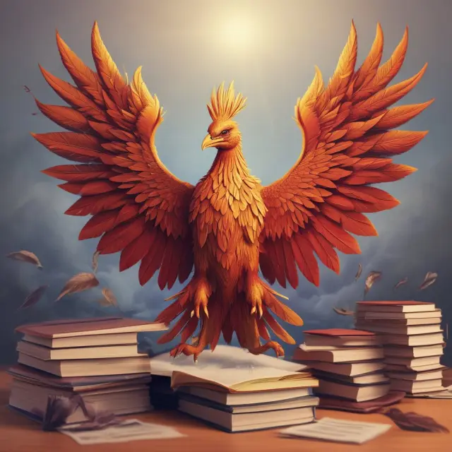 A mythical Phoenix with IT books and calculators signifying the transformation into a Certified Information Systems Auditor.