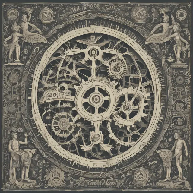 An economist ponders complex economic relationships while turning gears labeled 