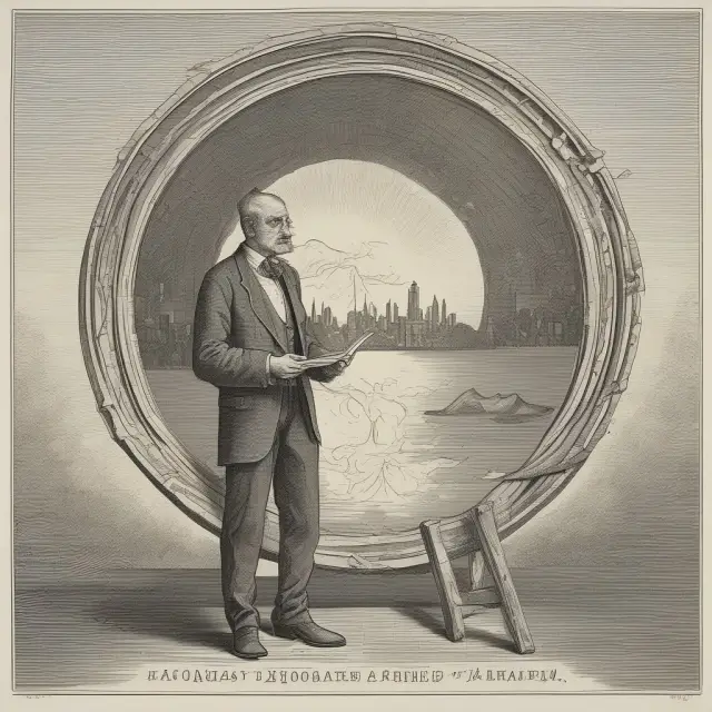 An economist contemplating abstract economic theories in front of a mirror, with the Latin phrase 