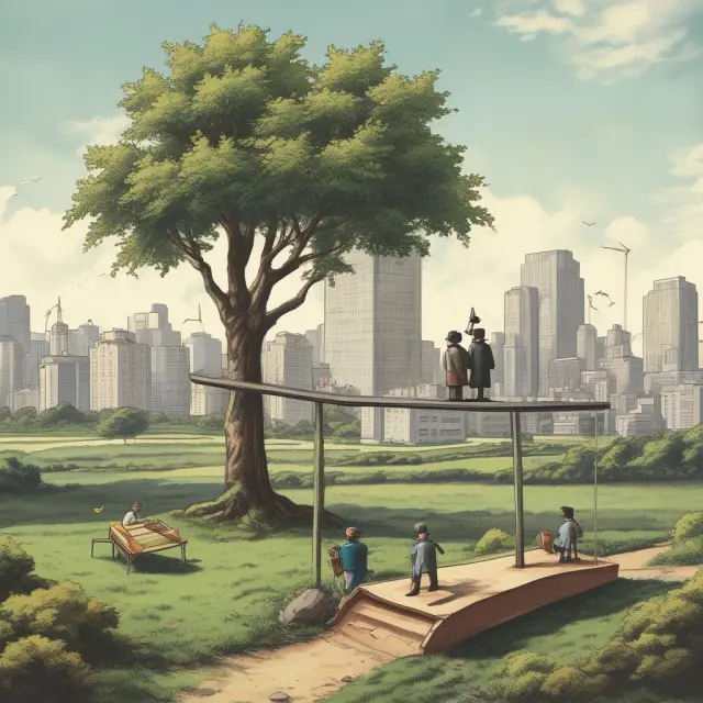 Economists discussing the pros and cons of ceteris paribus assumptions while externalities, public goods, and institutions are depicted as looming figures in the background.