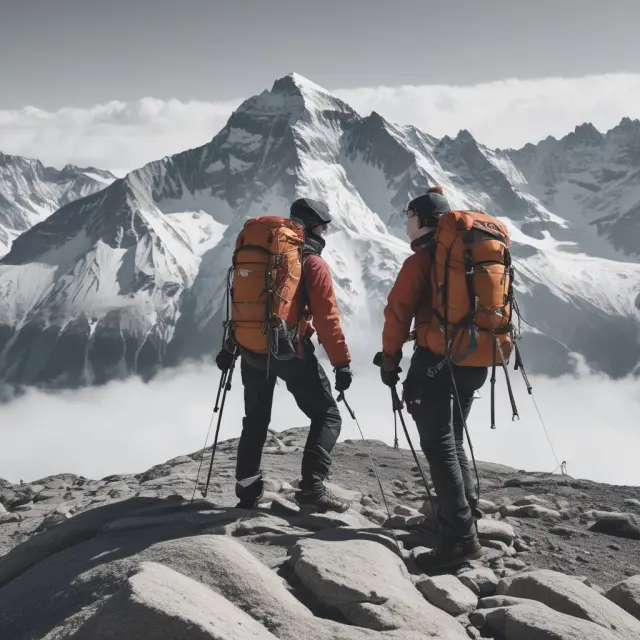 A mountain range represents the CFA journey, with challenges symbolized by steep cliffs and study materials as essential climbing gear. The summit signifies the successful attainment of a CFA charter.