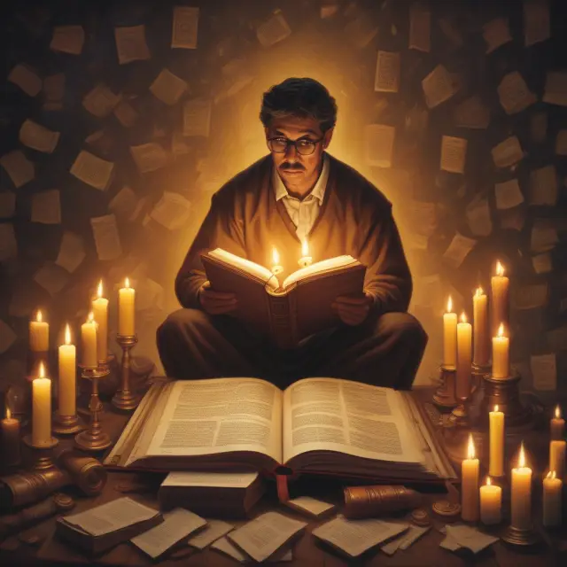 A scholar holding a golden book symbolizing the CFA program, with flickering FAQ candles illustrating common queries