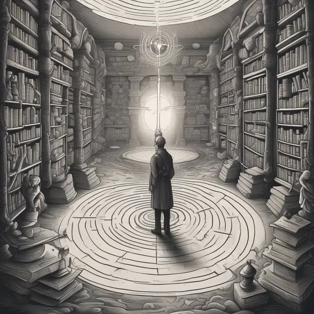 A scholar reads in front of bookshelves, using a compass to navigate towards the CFO