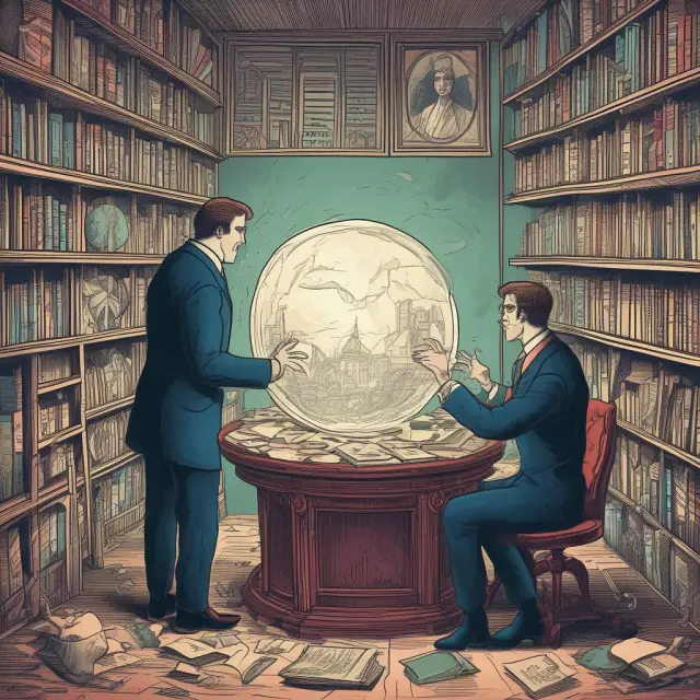 An accountant meticulously organizes financial records on a table, while a CFO gazes intently at a crystal ball, symbolizing the differing roles and responsibilities in financial management.