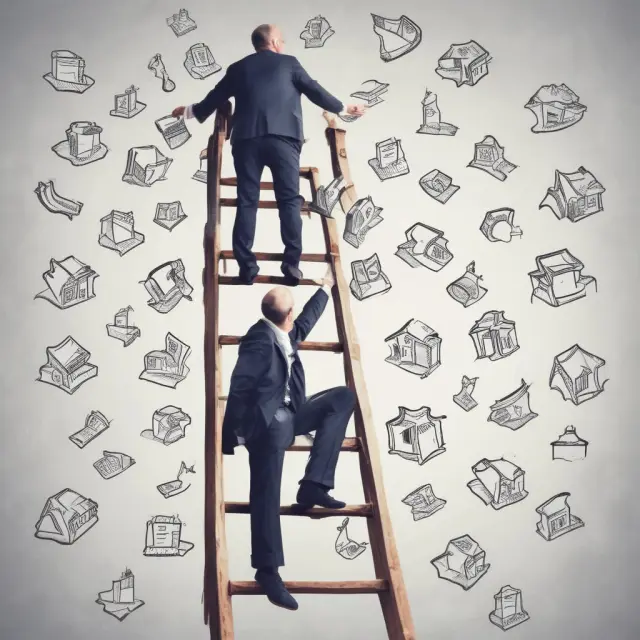 An individual climbing a golden ladder, each rung symbolizing essential steps for aspiring CFOs: education, experience, certifications, networking, continuous learning, and soft skills.