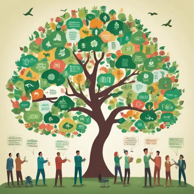 An image of a caring gardener tending to six flourishing trees labeled 