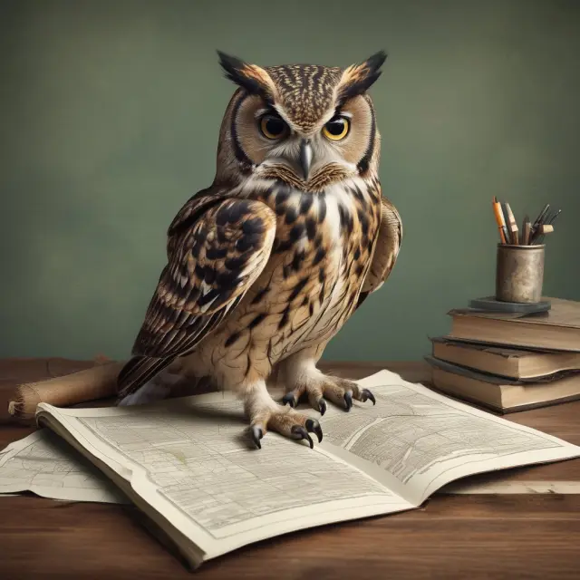 An owl symbolizing wisdom offers personalized financial guidance, examining financial concerns with a map.