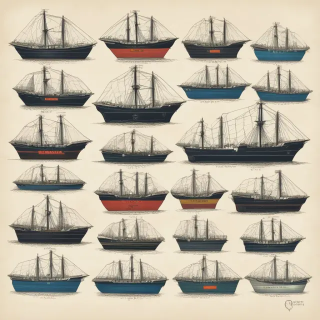 Four sailing ships carry containers labeled 