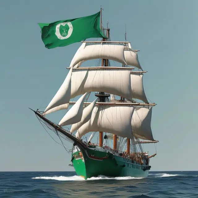 Sailing vessel transporting goods under CFR terms with a green flag representing sustainability.