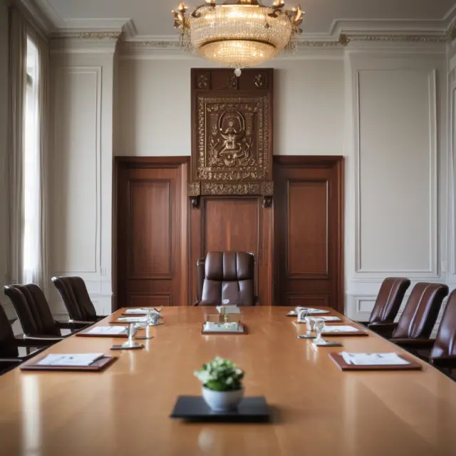 Wise chair supervising a collaborative board, fostering unity and strategic direction for the organization.