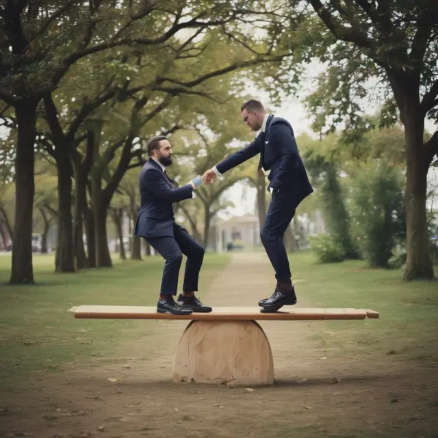 A seesaw with one side representing the CEO and the other the chair. A person balances between them, illustrating the power dynamic of combined roles.