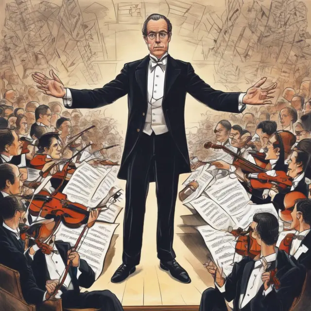 An orchestra conductor (CEO) and a symphony maestro (chair) working together in harmony to lead an ensemble of musicians representing the executive team and board.