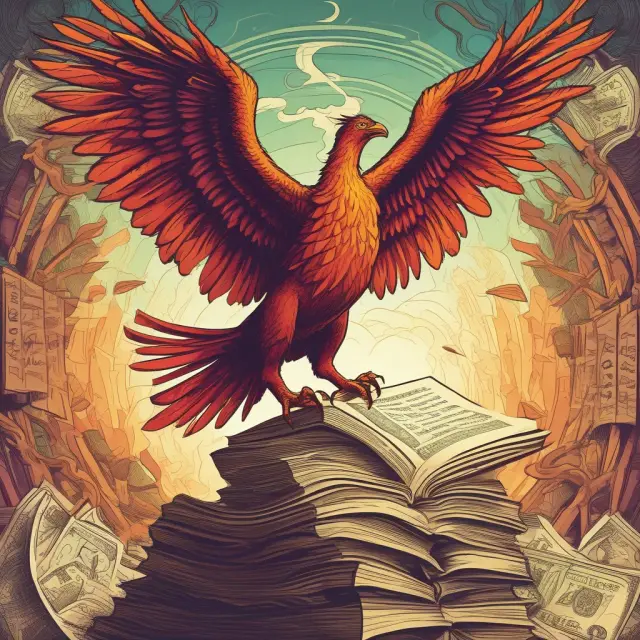 Phoenix rising from open books, illustrating ethical revenue recognition and growth strategies