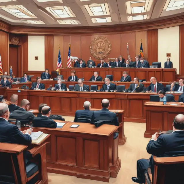 A phoenix emerging from a cluttered courtroom, symbolizing the bankruptcy process; key players - judge, trustee, debtor, and creditors present.