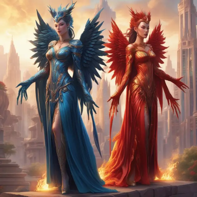 Three phoenixes symbolizing General Motors, United Airlines, and Kmart rising from the flames of bankruptcy in a metaphorical representation of their successful Chapter 11 turnarounds.