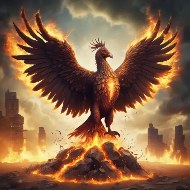 Institutional investor seizes opportunity amidst Chapter 11 bankruptcy chaos, symbolized by a phoenix rising from financial ashes