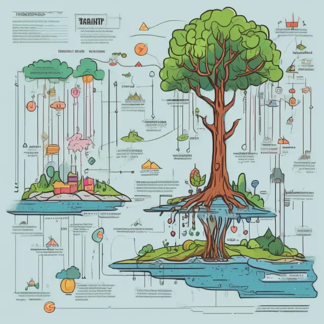 A tree symbolizing business activities with branches representing operating expenses and a lake symbolizing revenues; occasional non-operating expenses depicted as raindrops falling from the sky