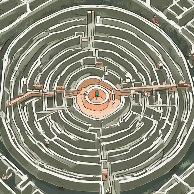 A labyrinth filled with winding paths representing the Chart of Accounts, where each turn leads to essential financial information.