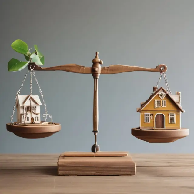 An image of a balanced scale with one pan holding a house symbolizing traditional mortgages and the other pan displaying a mobile home or machinery, representing chattel loans.
