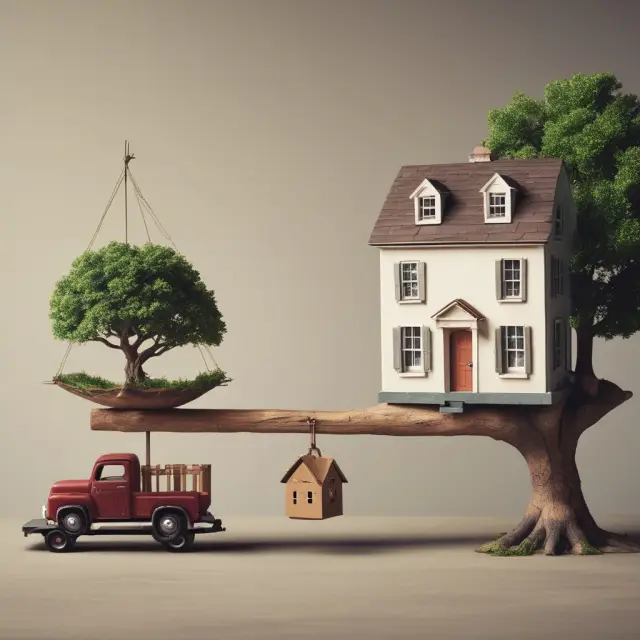 Visualization of weighing the factors between choosing a traditional mortgage (house) or a chattel mortgage (truck with movable assets)