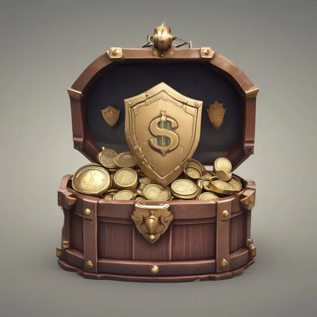 Image of a knight holding a shield with a check symbol and a treasure chest at his feet symbolizing financial security and control