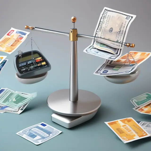 Digital scale representing debit cards, credit cards, internet banking, and checks in balance, illustrating modern financial transactions