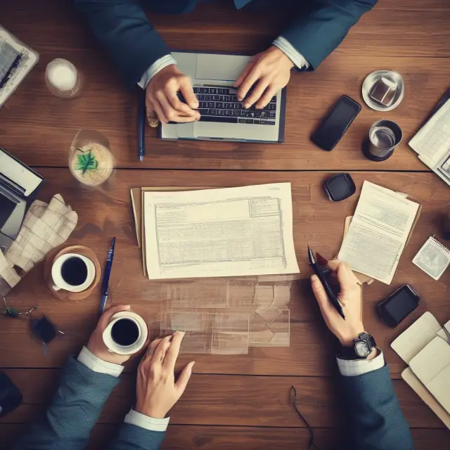 An institutional investor signing a check at an antique wooden desk surrounded by advanced financial technology gadgets