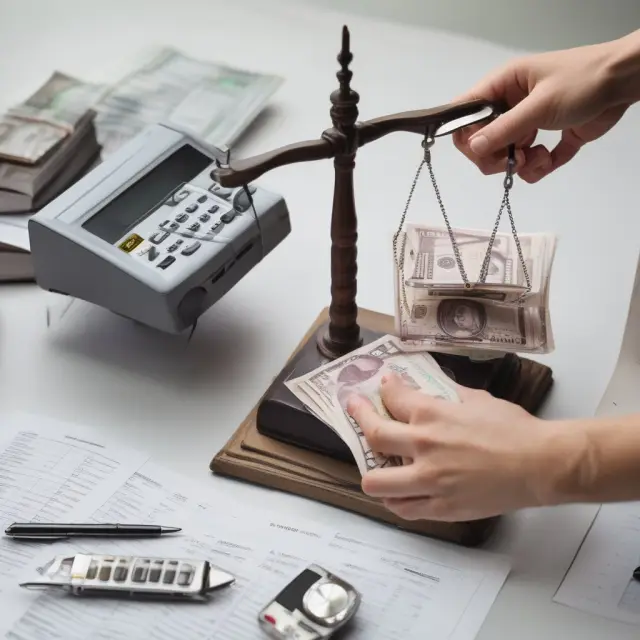 A person skillfully manages their checking account by balancing bills, budgets, and transactions on a digital tabletop to avoid overdraft fees and maximize value.