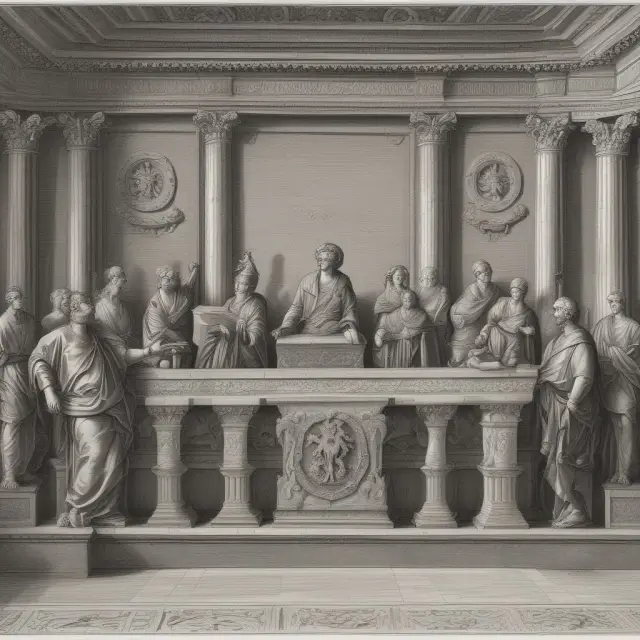 An image of the ancient Roman senate depicted as interlocked gears, symbolizing the concept of checks and balances ensuring accountability in governance