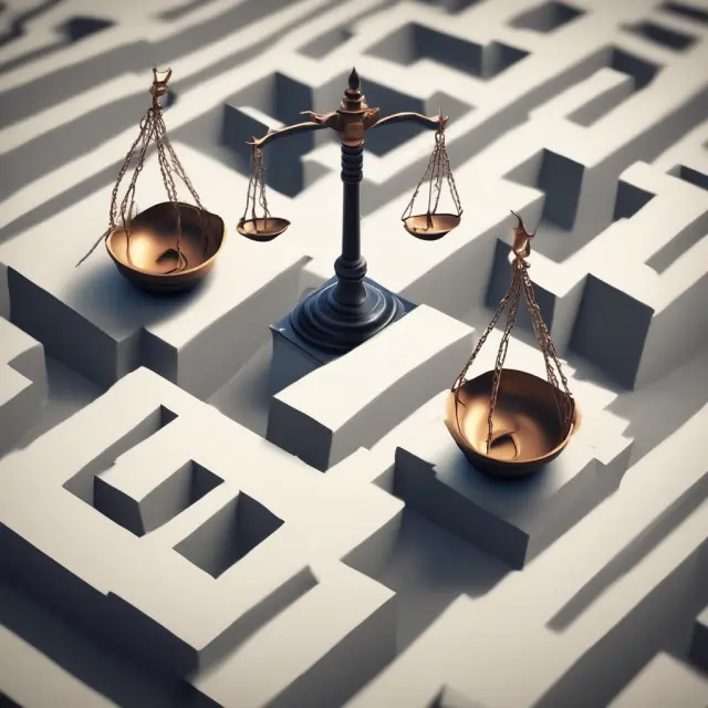 Justice scales atop a complex maze, illustrating the importance of checks and balances for efficient decision-making and risk reduction