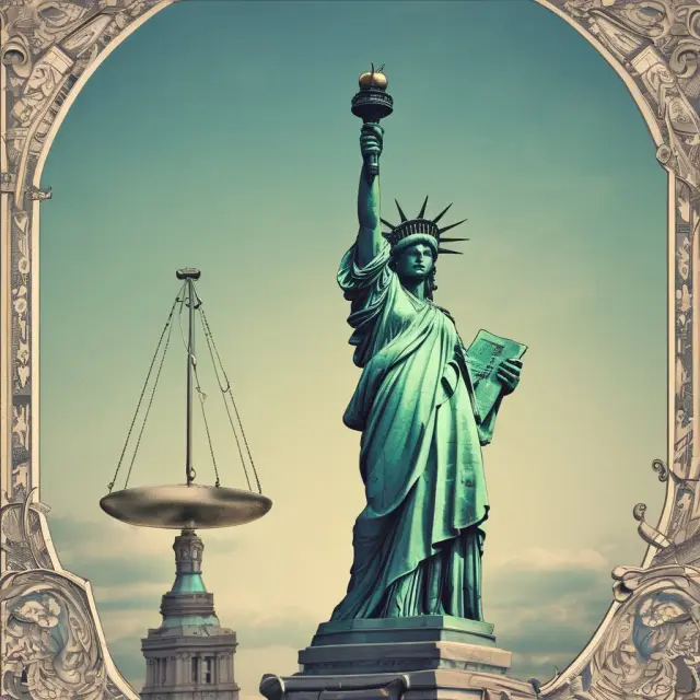 The Statue of Liberty holding a balanced set of scales represents the checks and balances between branches in U.S. government.