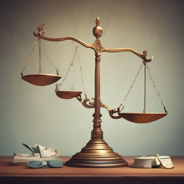 Image of scales of justice with different departments collaborating to maintain balance