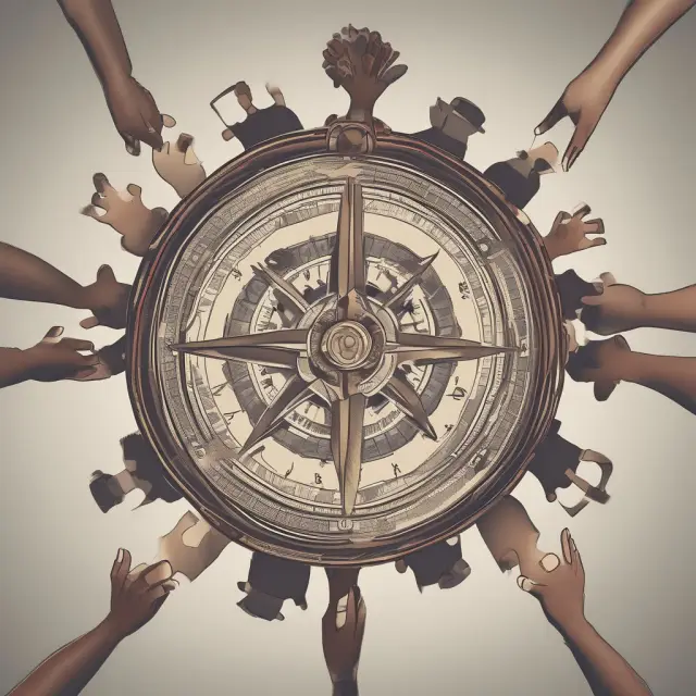 Four CTOs with unique compasses symbolizing their specializations: infrastructure, strategy, consumer liaison, and thinking.