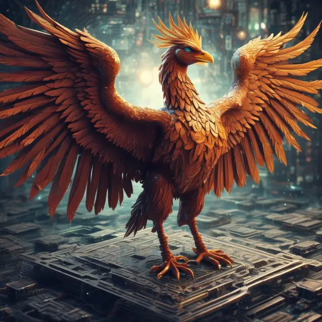 An image of a mythical Phoenix rising from a blend of circuit boards, gears, and codebooks, representing the transformative role of a CTO in technology and business.