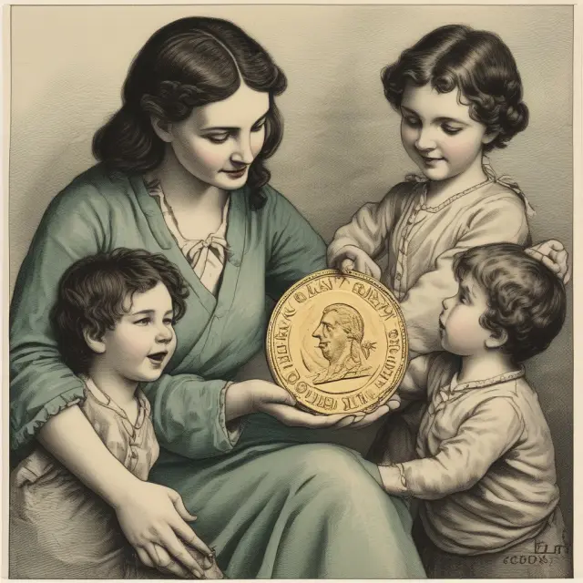 Mother holding a golden Child Tax Credit coin while kids play nearby, representing financial assistance for families