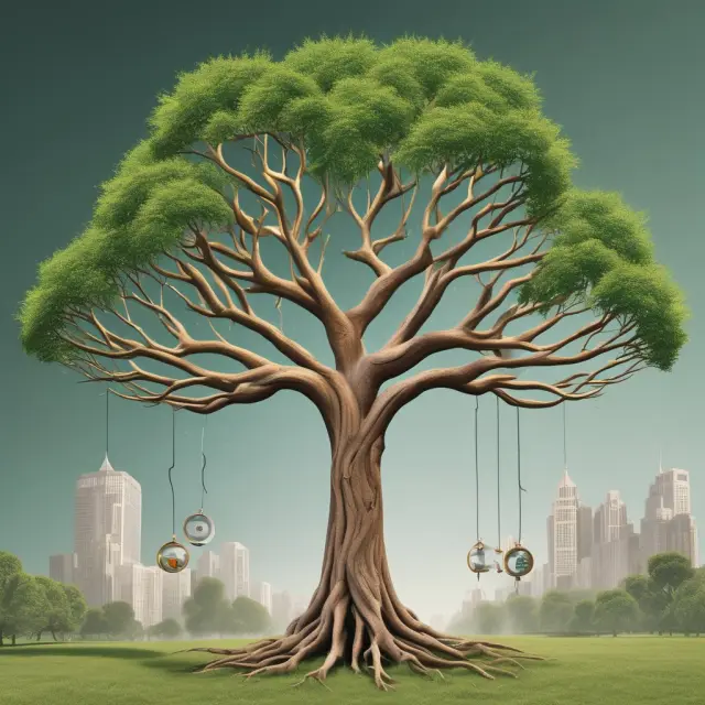 A scene of two interconnected trees representing the Earned Income Tax Credit (EITC) and Child Tax Credit (CTC), illustrating their relationship and potential impact on taxpayers.
