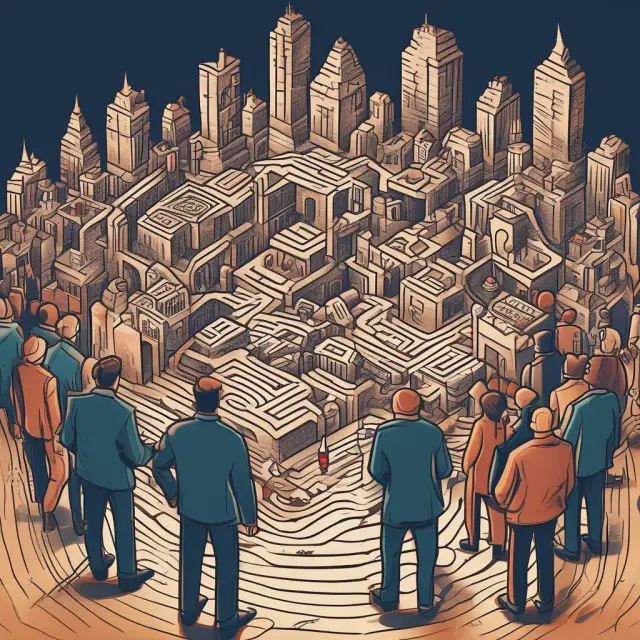 A cunning broker navigates through a winding maze, manipulating an investor