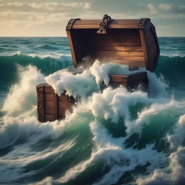 Churning ocean waves represent frequent trading, while the buried treasure chest illustrates potential losses due to excessive commissions and hidden fees