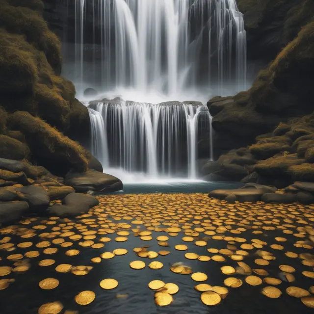 Stagnant lake of gold coins symbolizes dormant fee-based accounts, contrasted by an active, rushing waterfall illustrating effective investment management and growth