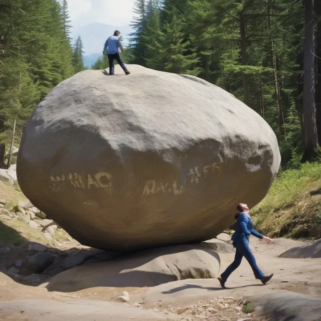 A broker attempts to push a large boulder labelled 