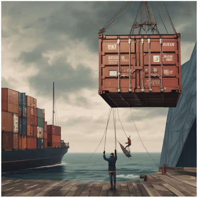 A seller hands over a container to a sailor on a ship, symbolizing the transfer of responsibilities in a CIF shipping agreement