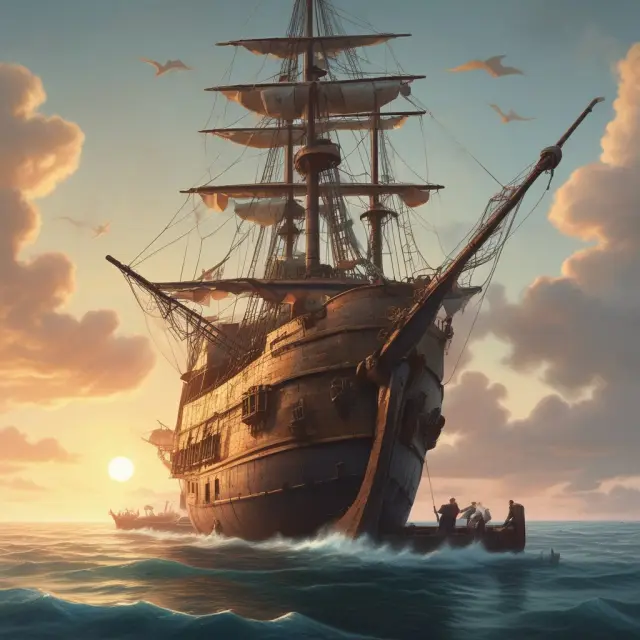 An image of a seller packing a treasure chest with goods under a ship