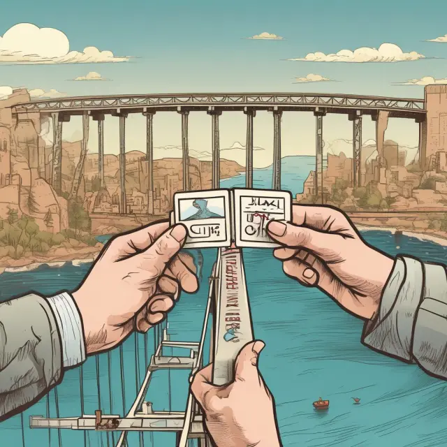 Seller and buyer exchanging a package labeled CIF on a bridge, symbolizing international commerce agreements