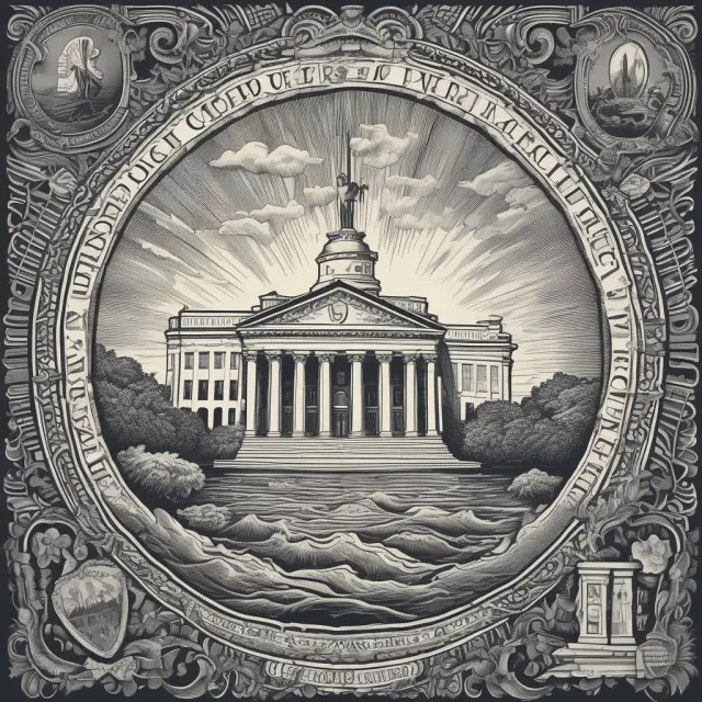 FTC chair guides a ship through rough seas while holding amendment documents for Robinson-Patman Act and Celler-Kefauver Act