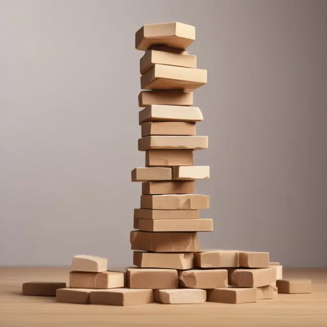 Jenga tower made of interconnected financial instruments representing a clearinghouse, emphasizing the balance and potential risks involved.