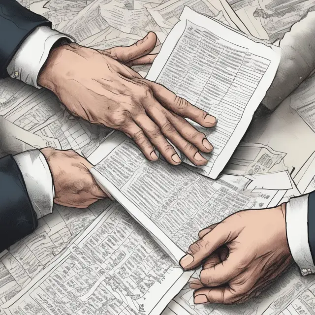 Hands exchanging documents and tickers for a successful clearinghouse transaction in the financial market.